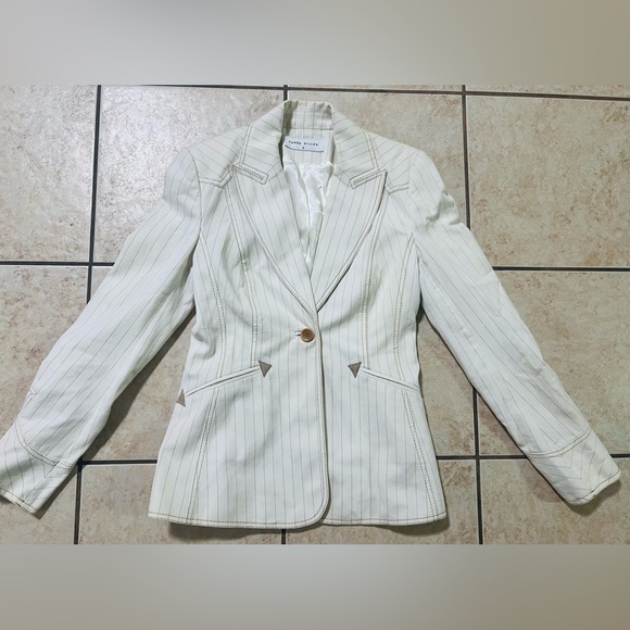 Vintage Karen Millen tailored pint striped off white fitted jacket Women’s sz 4 - Picture 1 of 9